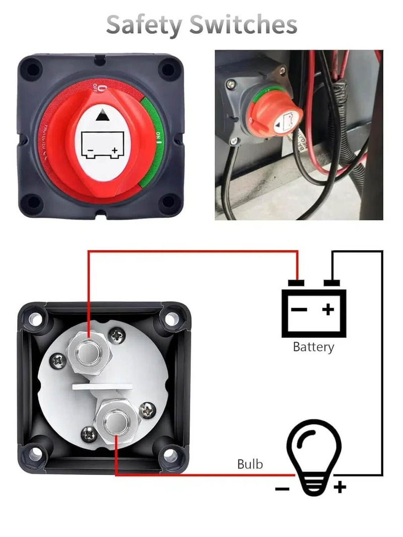 SUNMORN Battery Disconnect Switch, 2PCS Cables 1.64FT with Heavy Duty Wire Lugs, Battery Disconnect Switch 12V, DC 5-60V Master Isolator Cut/Shut Off for RVs, Campers, and Boats - Image 2